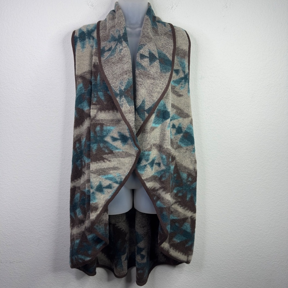 Zozo‎ Vest Womens L Brown Teal Wool Blend Open Front Southwestern Rustic Boho